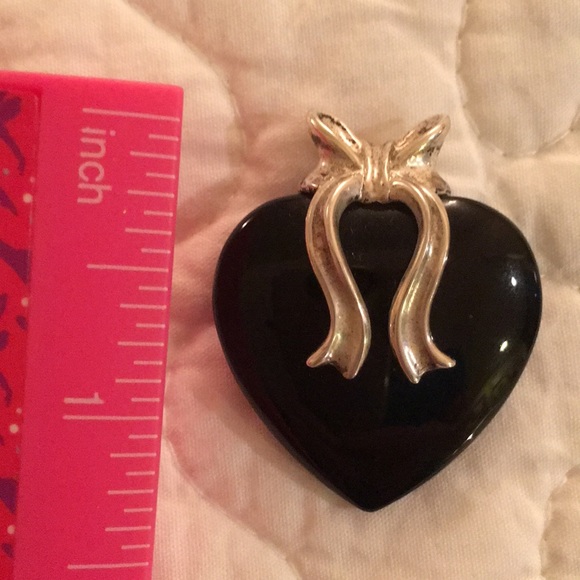 Onyx Heart Pendant has Sterling Silver Ribbon Bail - Picture 2 of 5